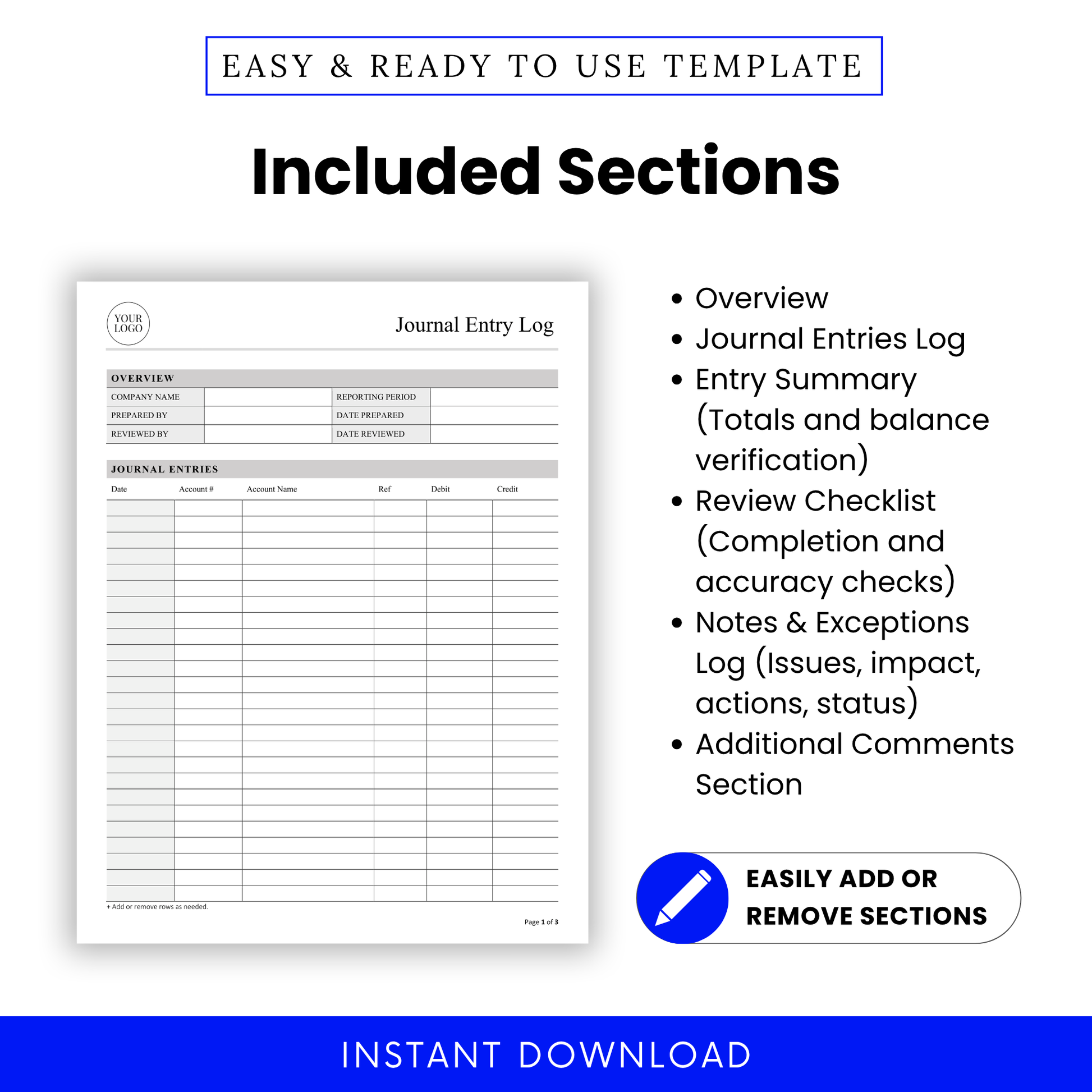 Journal entry template sections overview showing accounting log, entry summary, review checklist, and notes section for financial tracking and bookkeeping organization