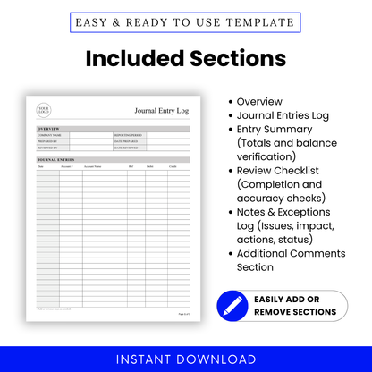 Journal entry template sections overview showing accounting log, entry summary, review checklist, and notes section for financial tracking and bookkeeping organization