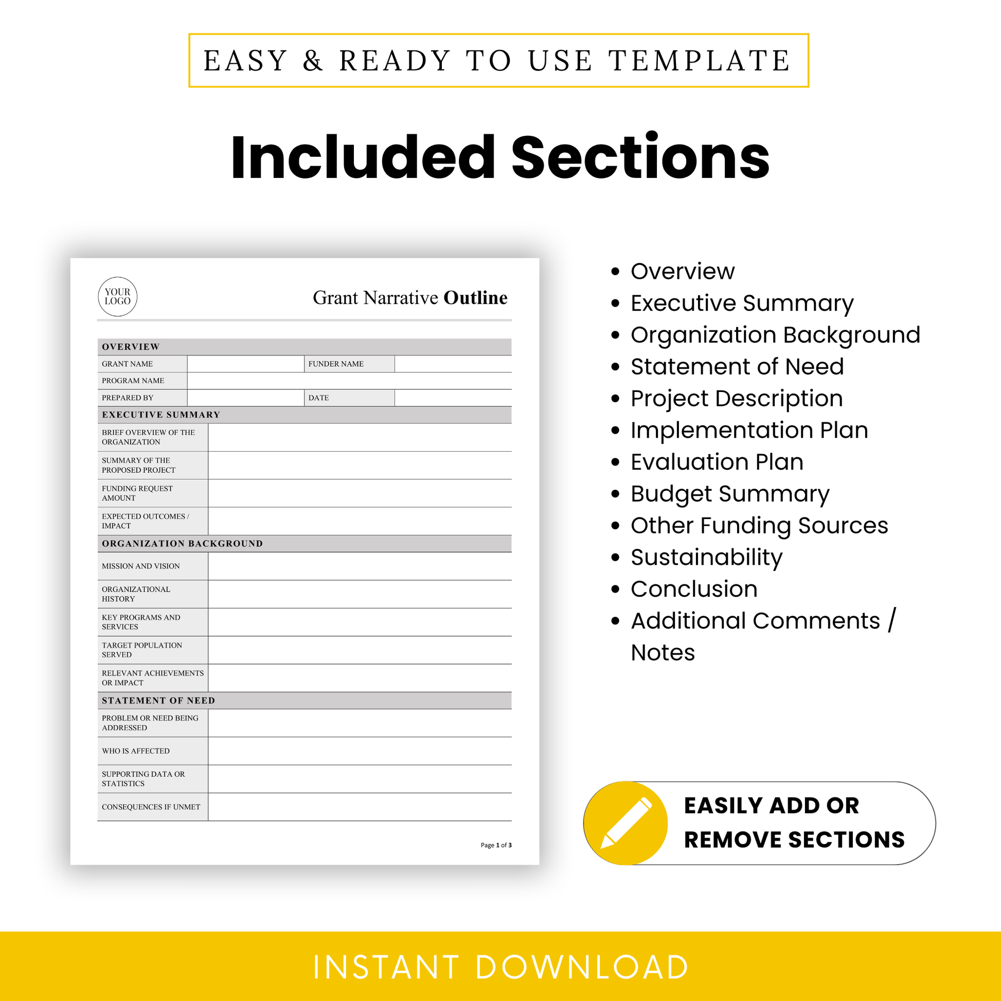 Grant Narrative Outline Template highlighting all included sections such as executive summary, project description, and budget summary. This Standard Grant Narrative Template is an editable and printable solution for organizing nonprofit funding applications efficiently.