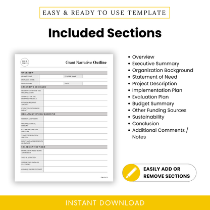 Grant Narrative Outline Template highlighting all included sections such as executive summary, project description, and budget summary. This Standard Grant Narrative Template is an editable and printable solution for organizing nonprofit funding applications efficiently.