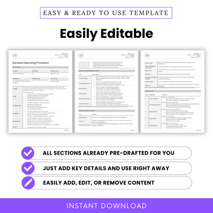 Easily Editable SOP Template for Inventory Management – Pre-Drafted Standard Operating Procedure in Word and PDF. Fully customizable with pre-filled sections, including roles and responsibilities, terms and definitions, procedures, and compliance documentation. Just add key details and use immediately. Perfect for manufacturing, supply chain, and operations management. Edit, add, or remove content to fit your business needs. Instant digital download for quick implementation.
