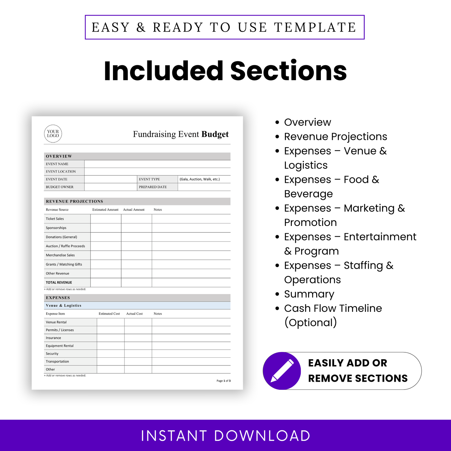 Editable Fundraising Event Budget Template Word layout displaying all sections including overview, revenue, and expense categories. This Standard Operating Fundraising Budget Template helps teams customize and manage every part of their event finances with ease.