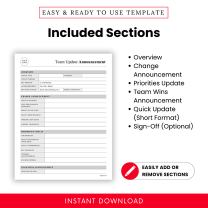 Team Update template sections overview listing key sections including Overview, Change Announcement, Priorities Update, Team Wins, Quick Update, and Sign-Off, shown in a clean, modern layout with document preview.