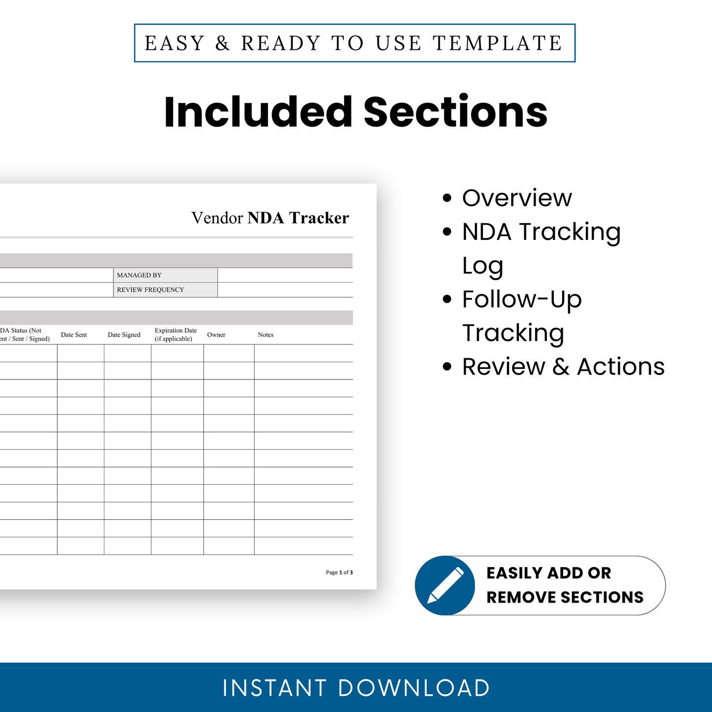 Vendor NDA Tracker Template showing key sections like Overview, NDA Tracking Log, Follow-Up Tracking, and Review & Actions. This simple NDA Template is designed for professionals needing a structured, printable business template for vendor management.