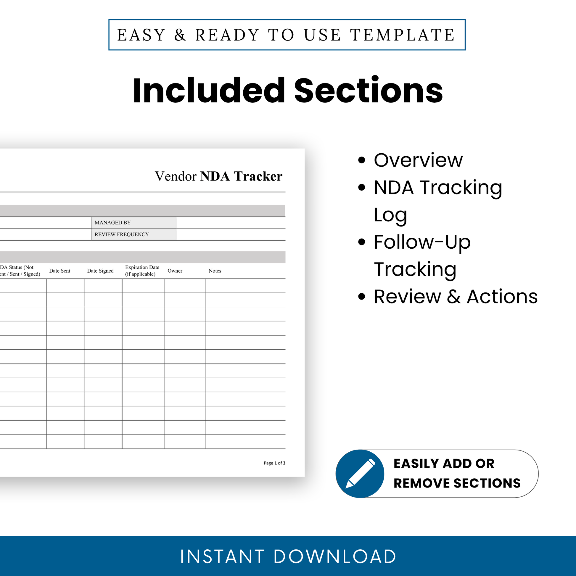Vendor NDA Tracker Template showing key sections like Overview, NDA Tracking Log, Follow-Up Tracking, and Review & Actions. This simple NDA Template is designed for professionals needing a structured, printable business template for vendor management.