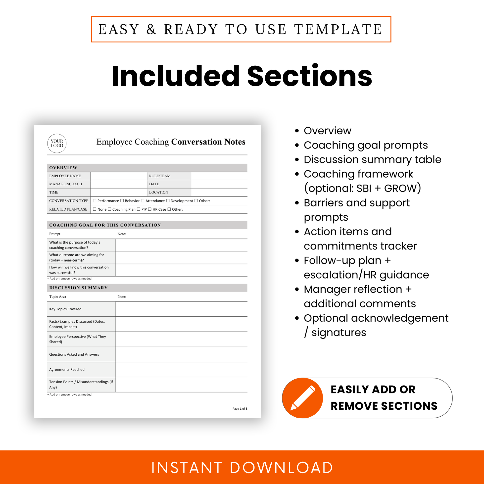 Employee coaching conversation notes sections overview with prompts, discussion summary, barriers and support, action items tracker, HR documentation form, editable coaching worksheet