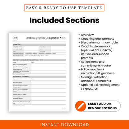 Employee coaching conversation notes sections overview with prompts, discussion summary, barriers and support, action items tracker, HR documentation form, editable coaching worksheet