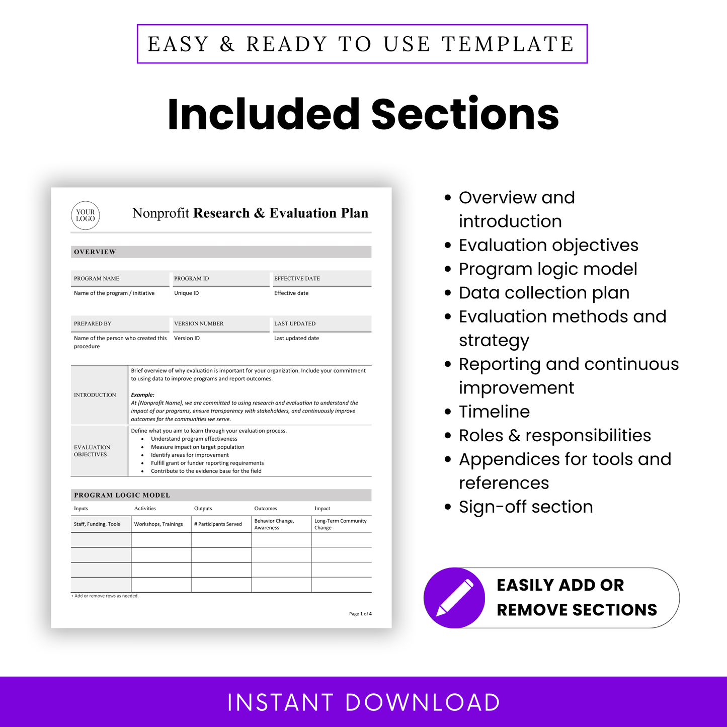 Nonprofit evaluation plan template sections list including overview, evaluation objectives, program logic model, data collection plan, reporting, timeline, roles and responsibilities, appendices, and sign-off section