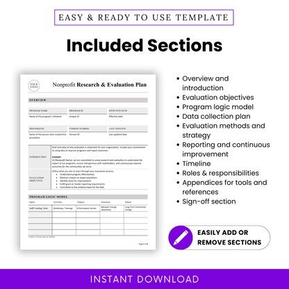 Nonprofit evaluation plan template sections list including overview, evaluation objectives, program logic model, data collection plan, reporting, timeline, roles and responsibilities, appendices, and sign-off section