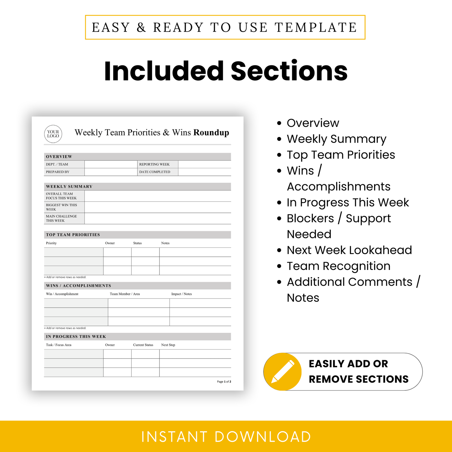 Weekly team report template sections including overview, summary, priorities, wins, blockers, next week planning, and team recognition