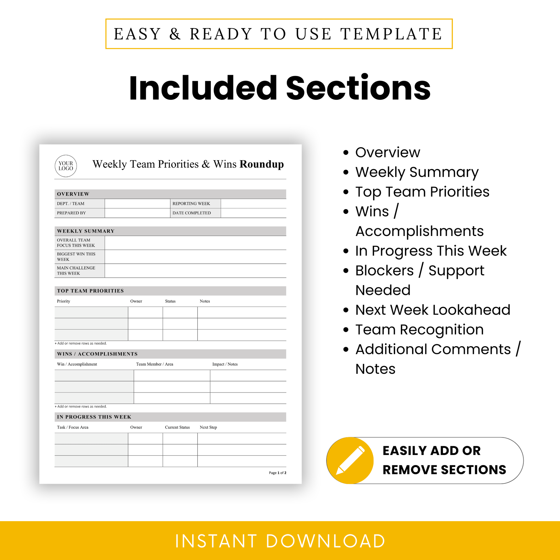 Weekly team report template sections including overview, summary, priorities, wins, blockers, next week planning, and team recognition