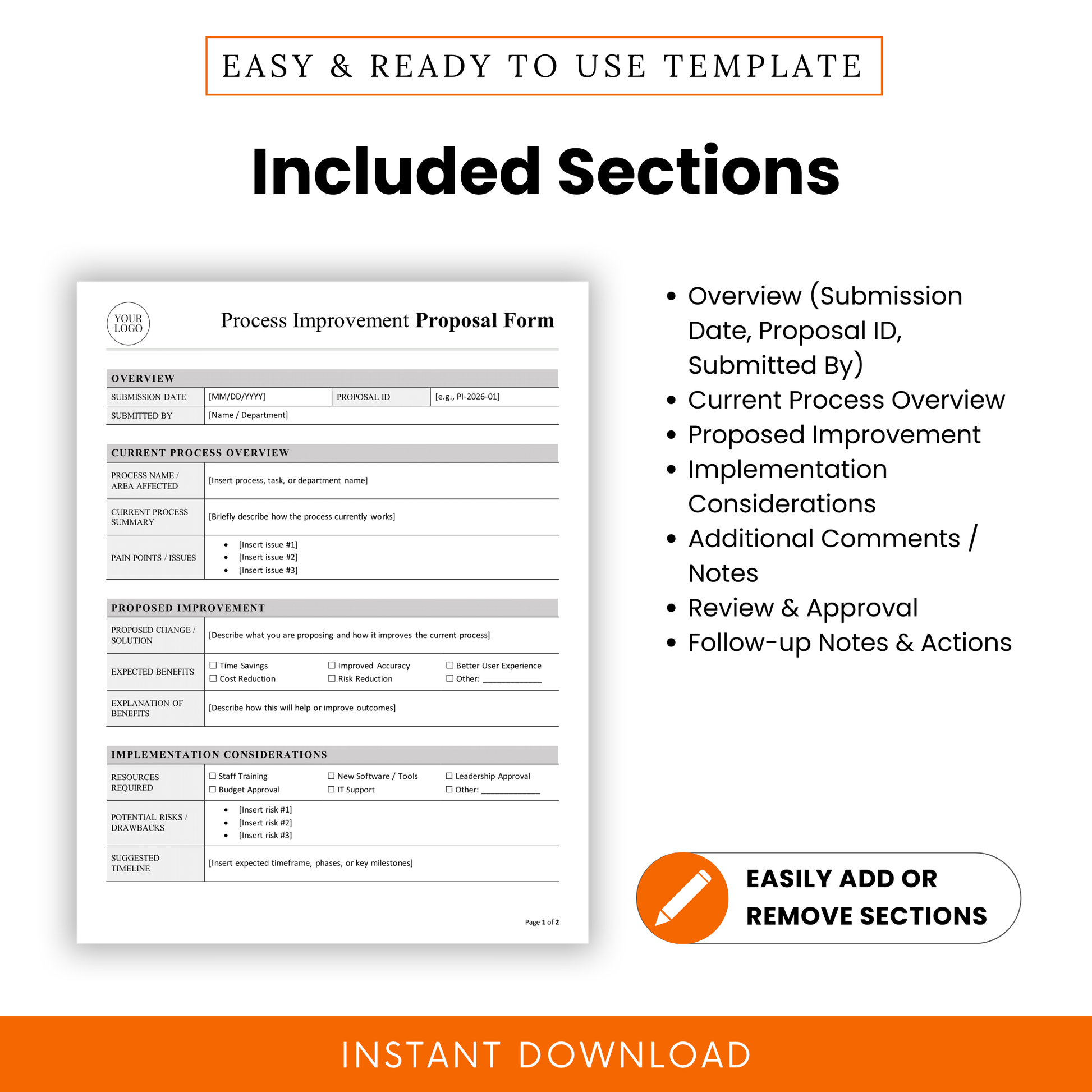 Editable process improvement form sections including overview, current process, proposed improvement, implementation considerations, review and approval, and follow-up notes
