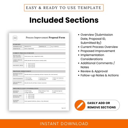 Editable process improvement form sections including overview, current process, proposed improvement, implementation considerations, review and approval, and follow-up notes