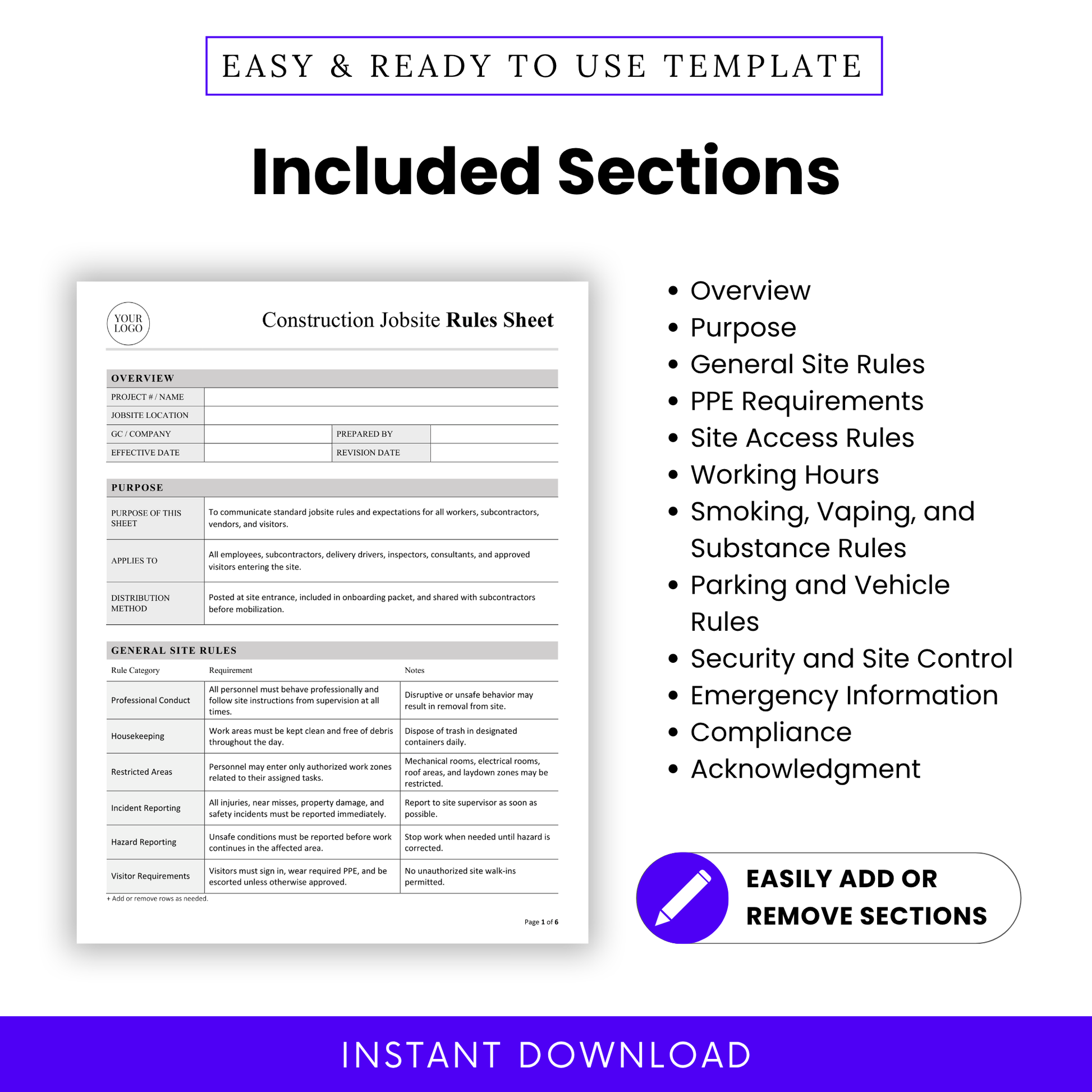Construction jobsite rules sheet sections list including overview, PPE requirements, site access, working hours, safety policies, and emergency information template for contractors