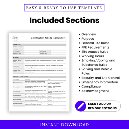 Construction jobsite rules sheet sections list including overview, PPE requirements, site access, working hours, safety policies, and emergency information template for contractors