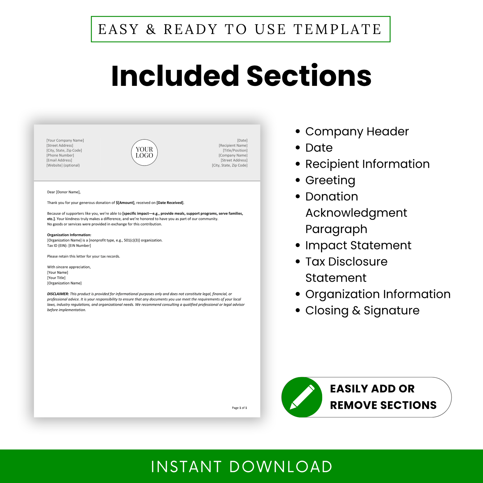 Editable Donation Acknowledgment Letter template PDF showing structured sections like company header, donor details, and tax disclosure. This document ensures clear, consistent nonprofit documentation and donor acknowledgment.