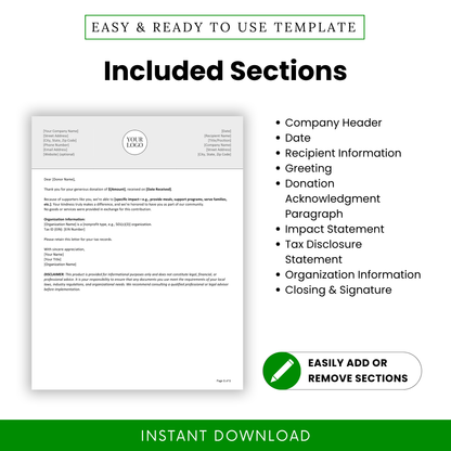 Editable Donation Acknowledgment Letter template PDF showing structured sections like company header, donor details, and tax disclosure. This document ensures clear, consistent nonprofit documentation and donor acknowledgment.