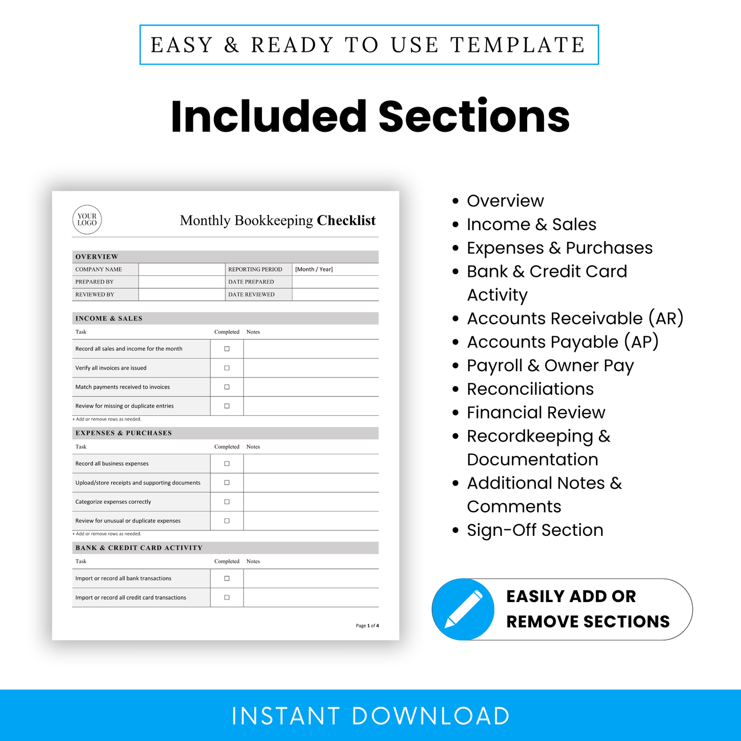 Monthly bookkeeping checklist sections overview including income and sales, expenses, bank transactions, accounts receivable and payable, payroll, reconciliations, and financial review for business organization