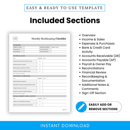 Monthly bookkeeping checklist sections overview including income and sales, expenses, bank transactions, accounts receivable and payable, payroll, reconciliations, and financial review for business organization