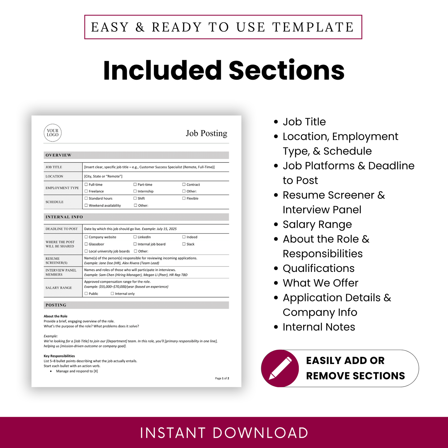 Job posting template sections overview listing job title, employment type, salary range, responsibilities, qualifications, and application details for structured hiring documentation