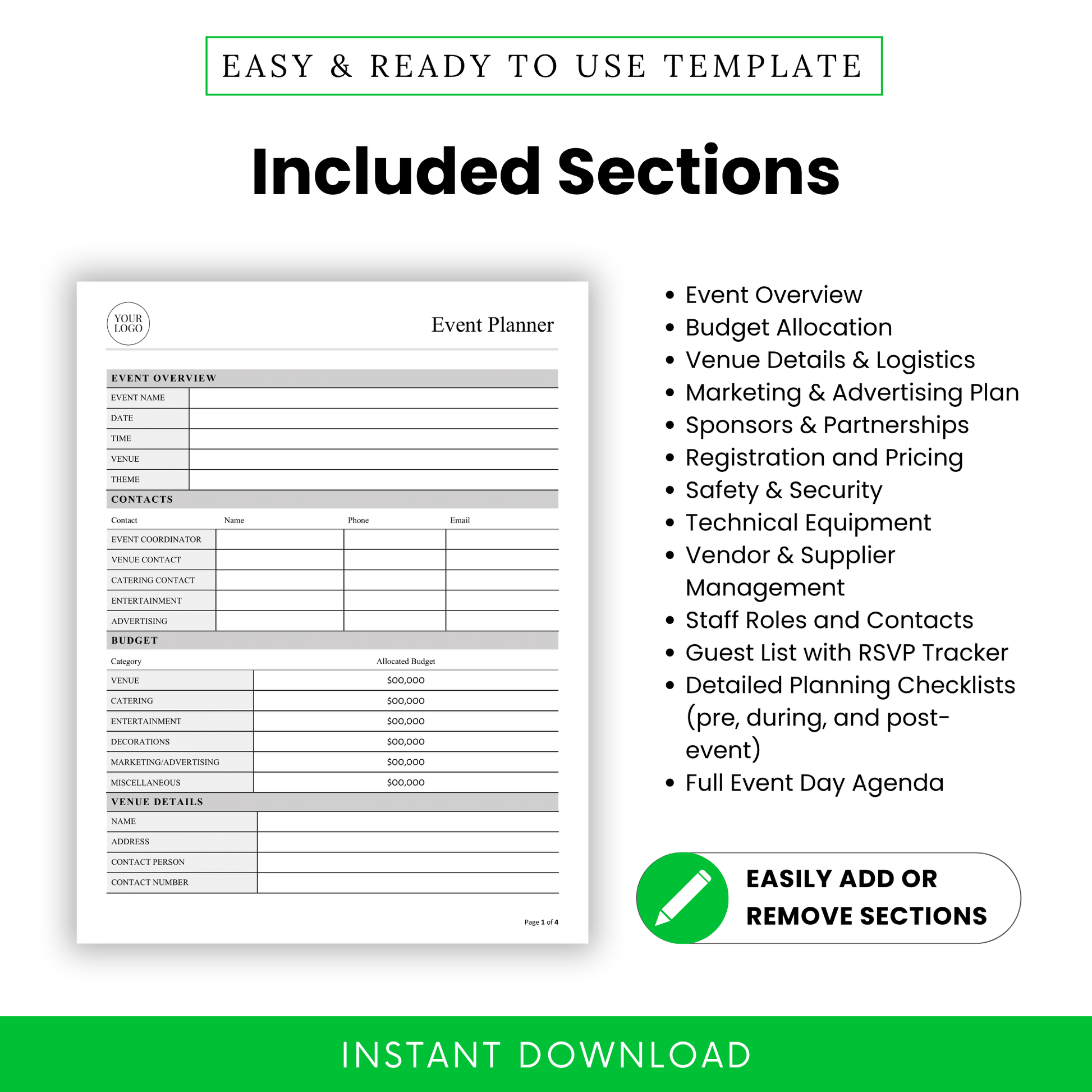 Event planning template sections including budget allocation, venue details, marketing plan, sponsorships, registration, safety, vendor management, guest list tracker, and event checklist for seamless planning