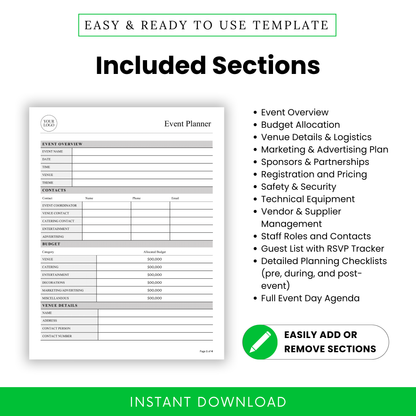 Event planning template sections including budget allocation, venue details, marketing plan, sponsorships, registration, safety, vendor management, guest list tracker, and event checklist for seamless planning