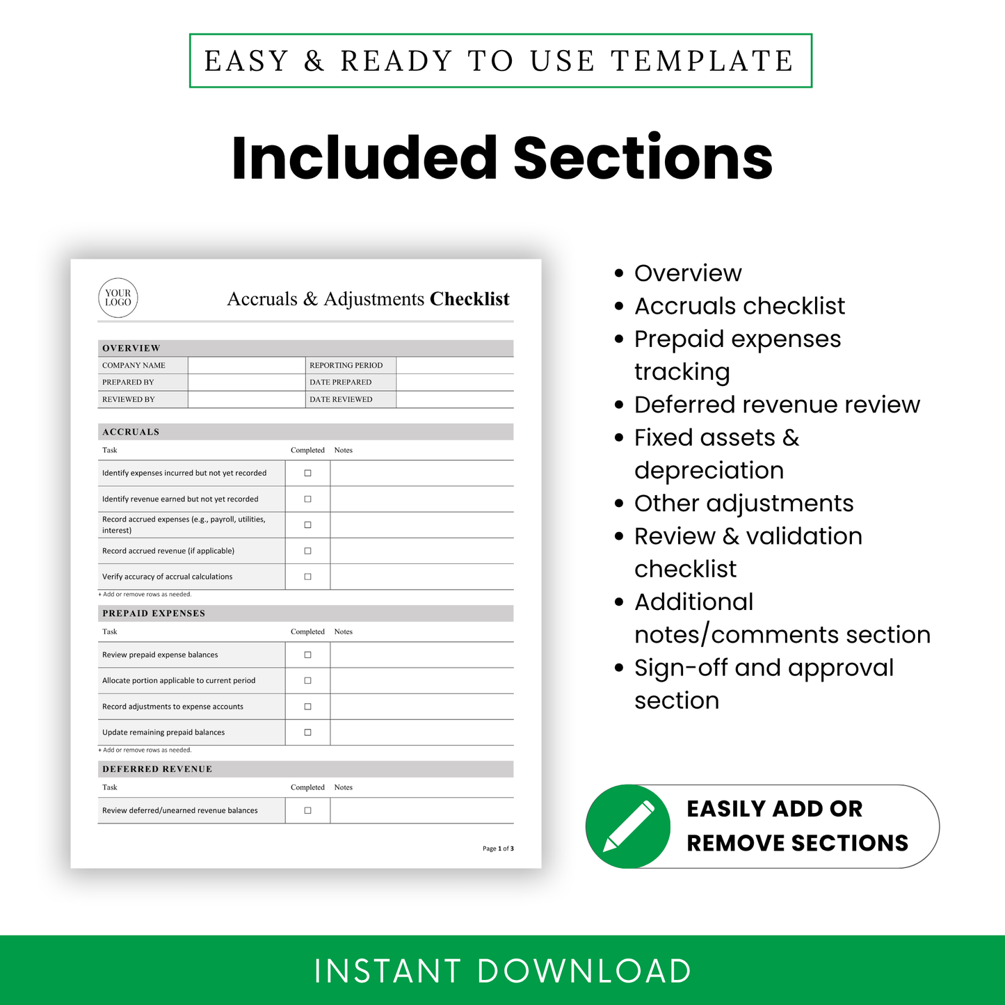 Editable accounting checklist sections overview including accruals, prepaid expenses, deferred revenue, fixed assets and validation checklist