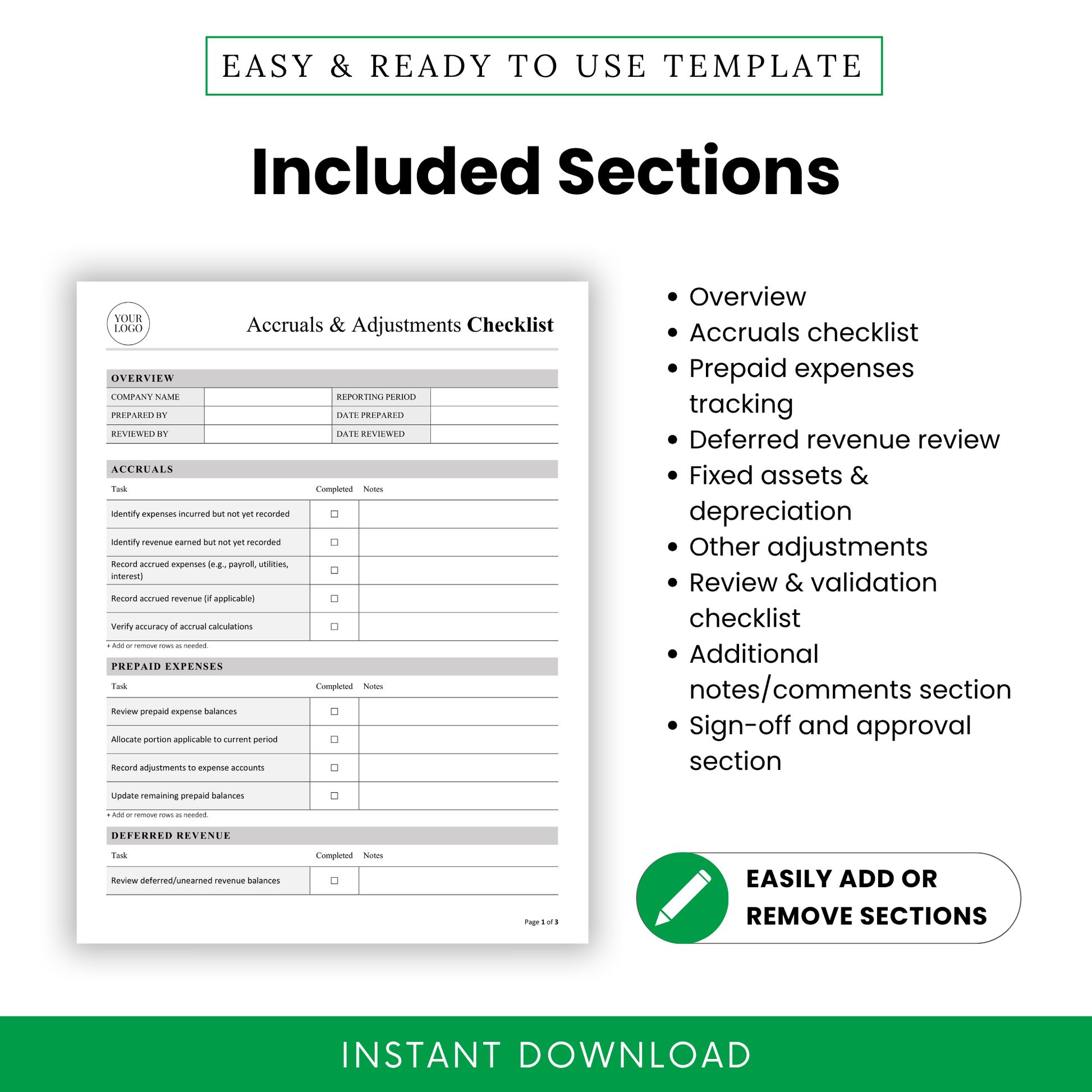 Editable accounting checklist sections overview including accruals, prepaid expenses, deferred revenue, fixed assets and validation checklist