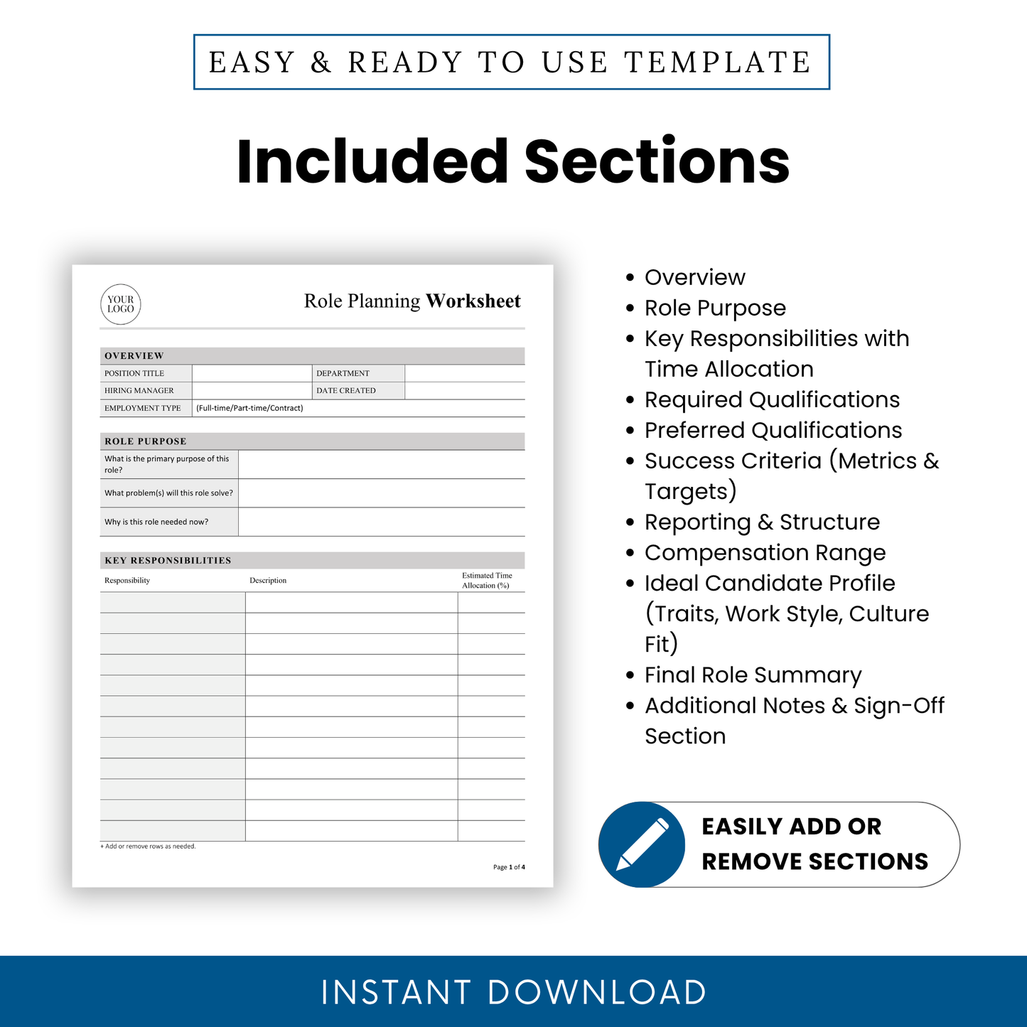 HR role planning template sections overview including role purpose, key responsibilities, qualifications, success criteria, compensation, and candidate profile