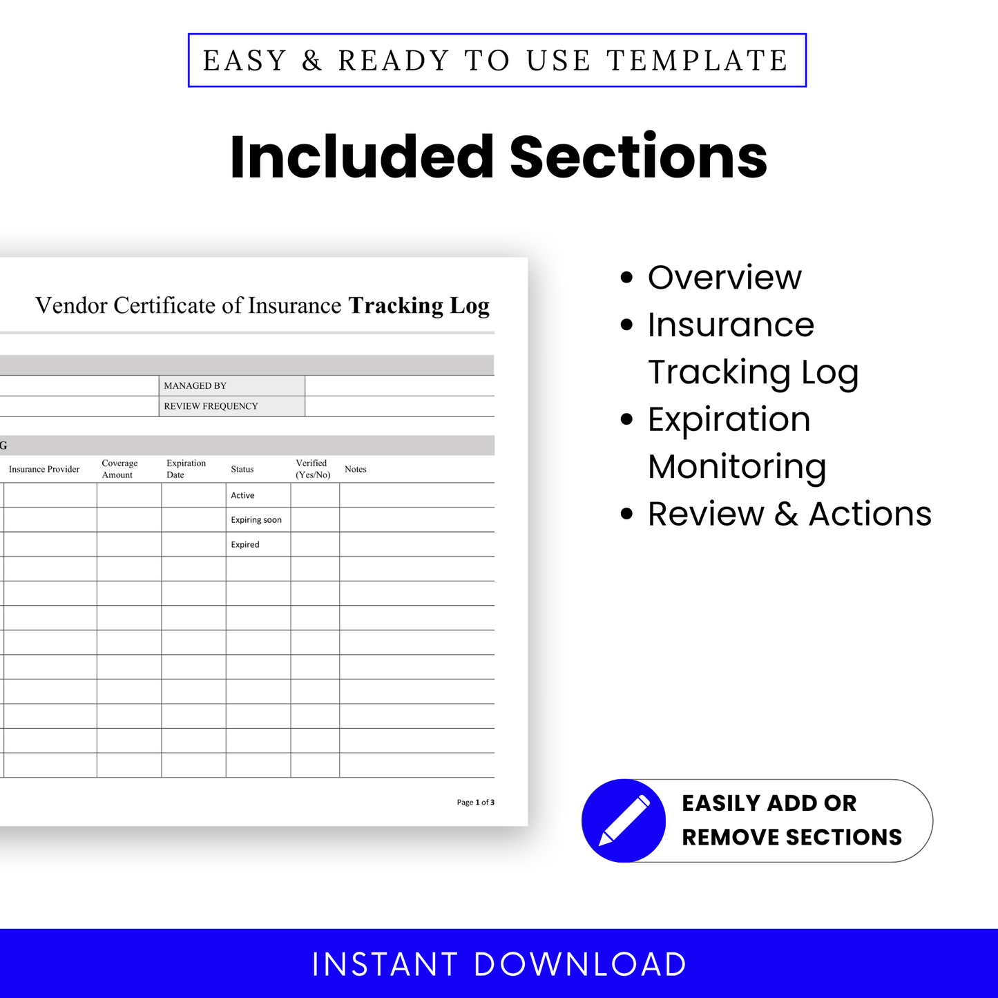 Vendor Insurance Tracker Template highlighting included sections like Overview, Insurance Tracking Log, Expiration Monitoring, and Review & Actions. This simple insurance tracking template is ideal for compliance tracking and vendor management workflows.
