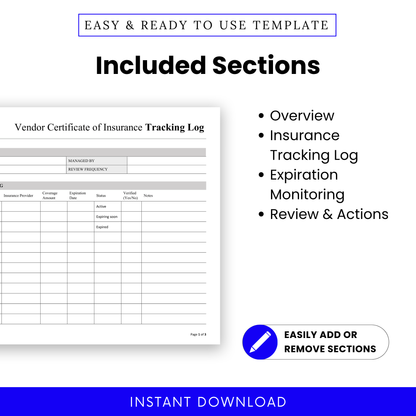 Vendor Insurance Tracker Template highlighting included sections like Overview, Insurance Tracking Log, Expiration Monitoring, and Review & Actions. This simple insurance tracking template is ideal for compliance tracking and vendor management workflows.