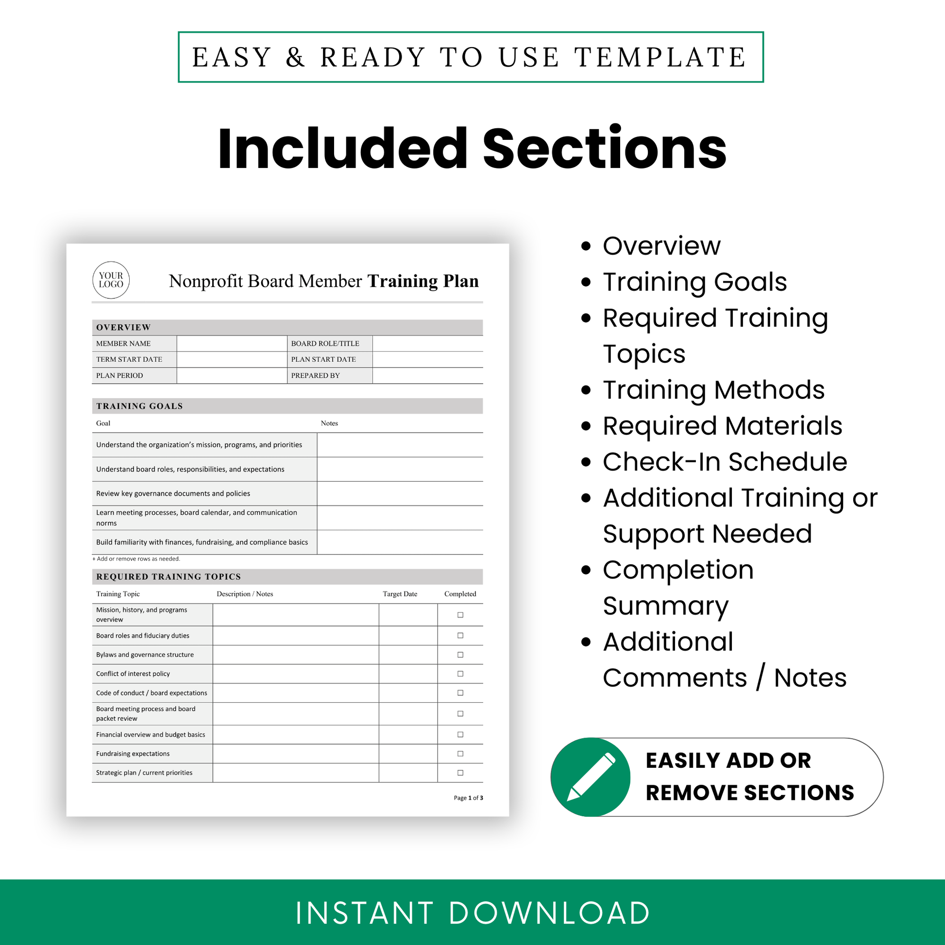 Editable nonprofit board member training plan template with included sections such as overview, training goals, required training topics, training methods, required materials, check-in schedule, completion summary, and notes for nonprofit board onboarding