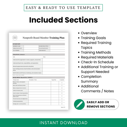Editable nonprofit board member training plan template with included sections such as overview, training goals, required training topics, training methods, required materials, check-in schedule, completion summary, and notes for nonprofit board onboarding