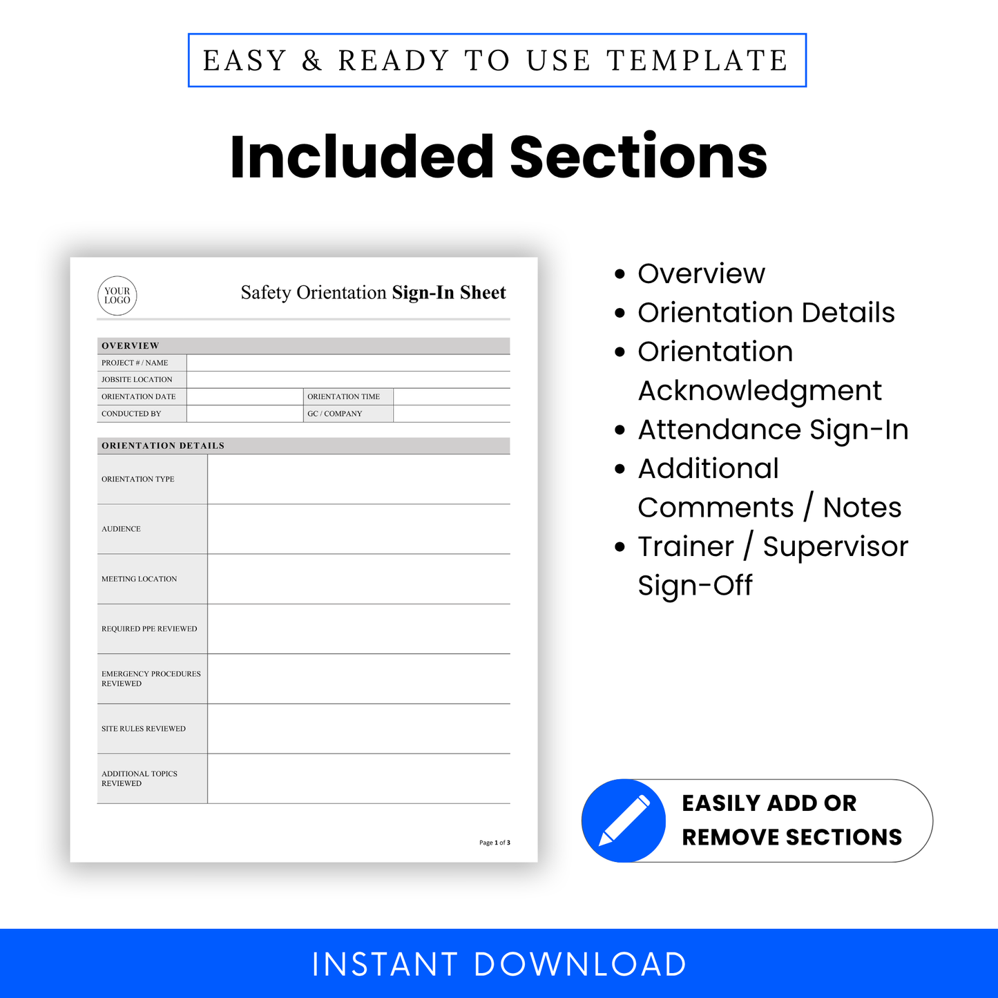 Construction safety form sections list including overview, orientation details, attendance sign-in, comments notes, and supervisor sign-off editable template