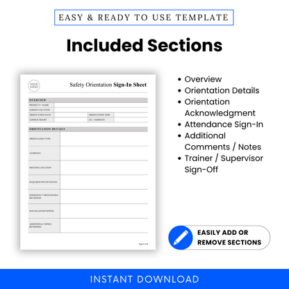 Construction safety form sections list including overview, orientation details, attendance sign-in, comments notes, and supervisor sign-off editable template