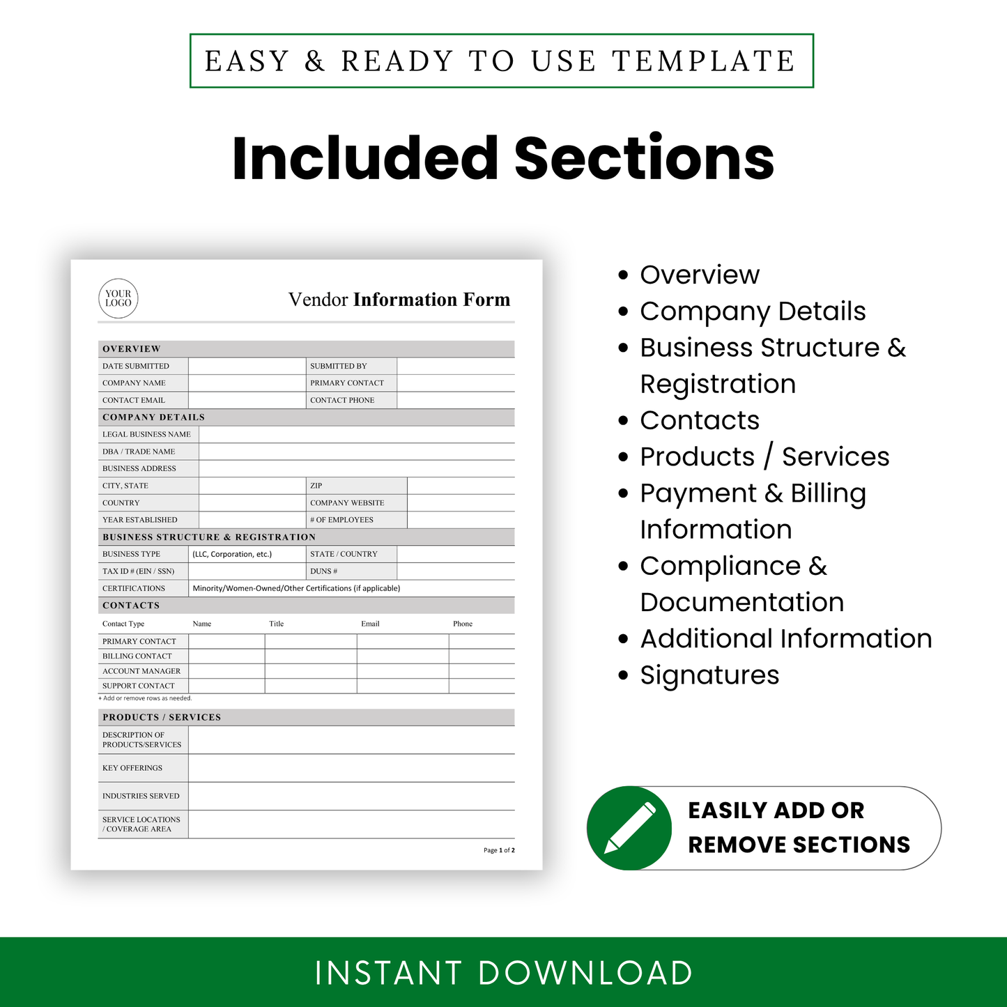 Vendor Information Form Template highlighting all included sections such as overview, company details, contacts, and compliance documentation. This editable vendor form is designed for easy customization, making it ideal for businesses organizing supplier information.