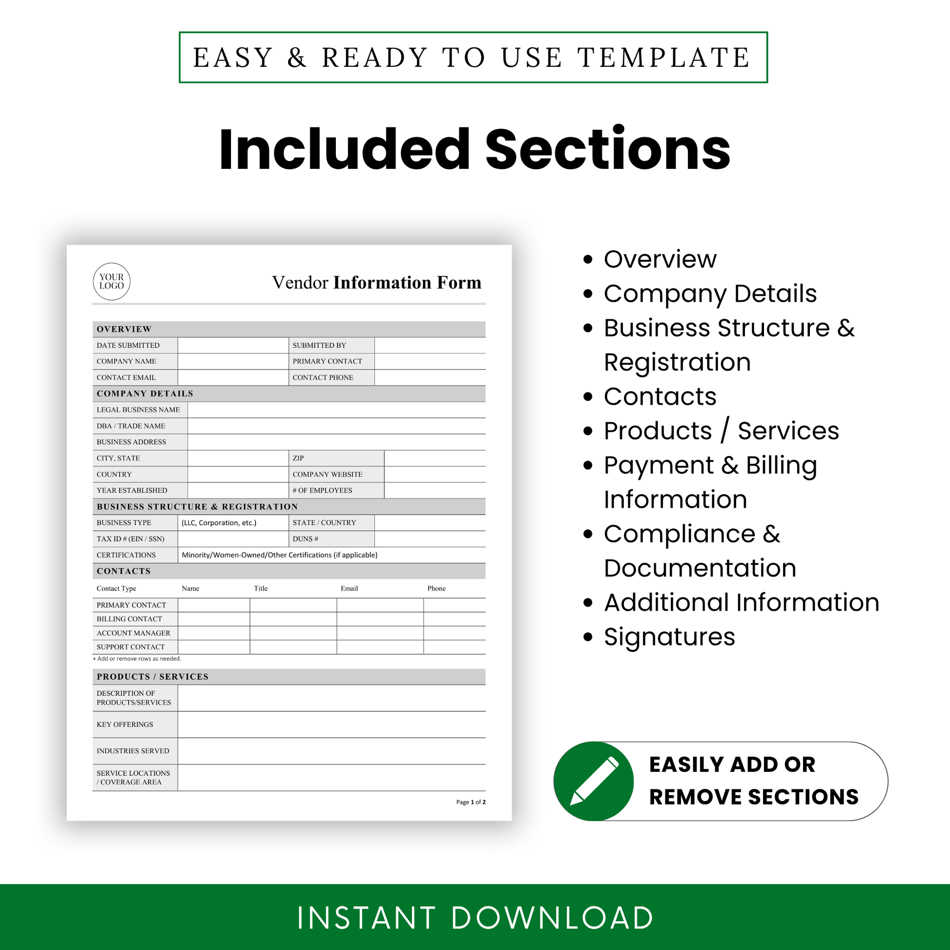 Vendor Information Form Template highlighting all included sections such as overview, company details, contacts, and compliance documentation. This editable vendor form is designed for easy customization, making it ideal for businesses organizing supplier information.