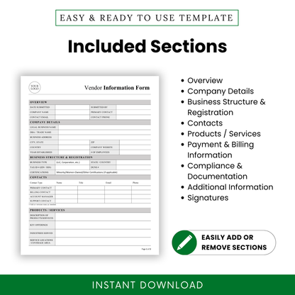 Vendor Information Form Template highlighting all included sections such as overview, company details, contacts, and compliance documentation. This editable vendor form is designed for easy customization, making it ideal for businesses organizing supplier information.