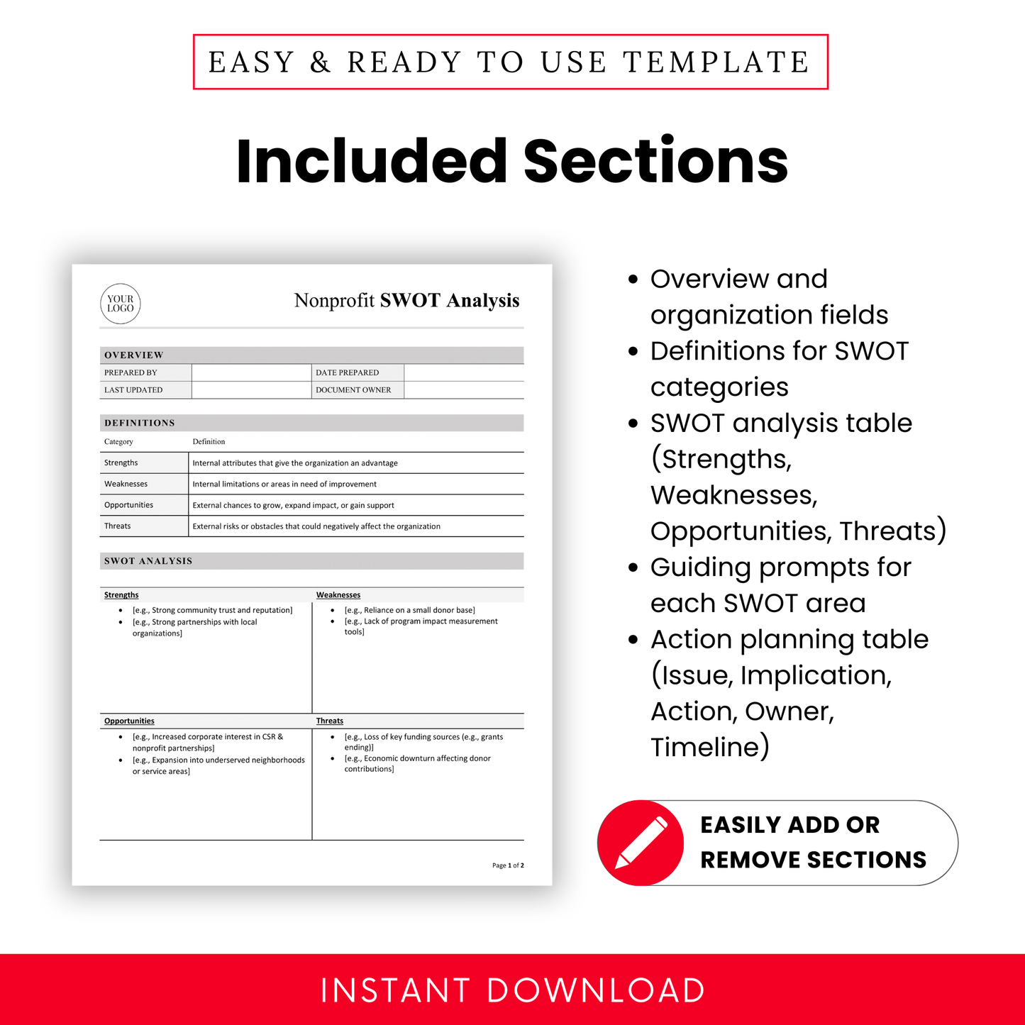 Detailed nonprofit SWOT analysis template sections including overview fields, SWOT definitions, analysis table, guided prompts, and action planning framework for nonprofits
