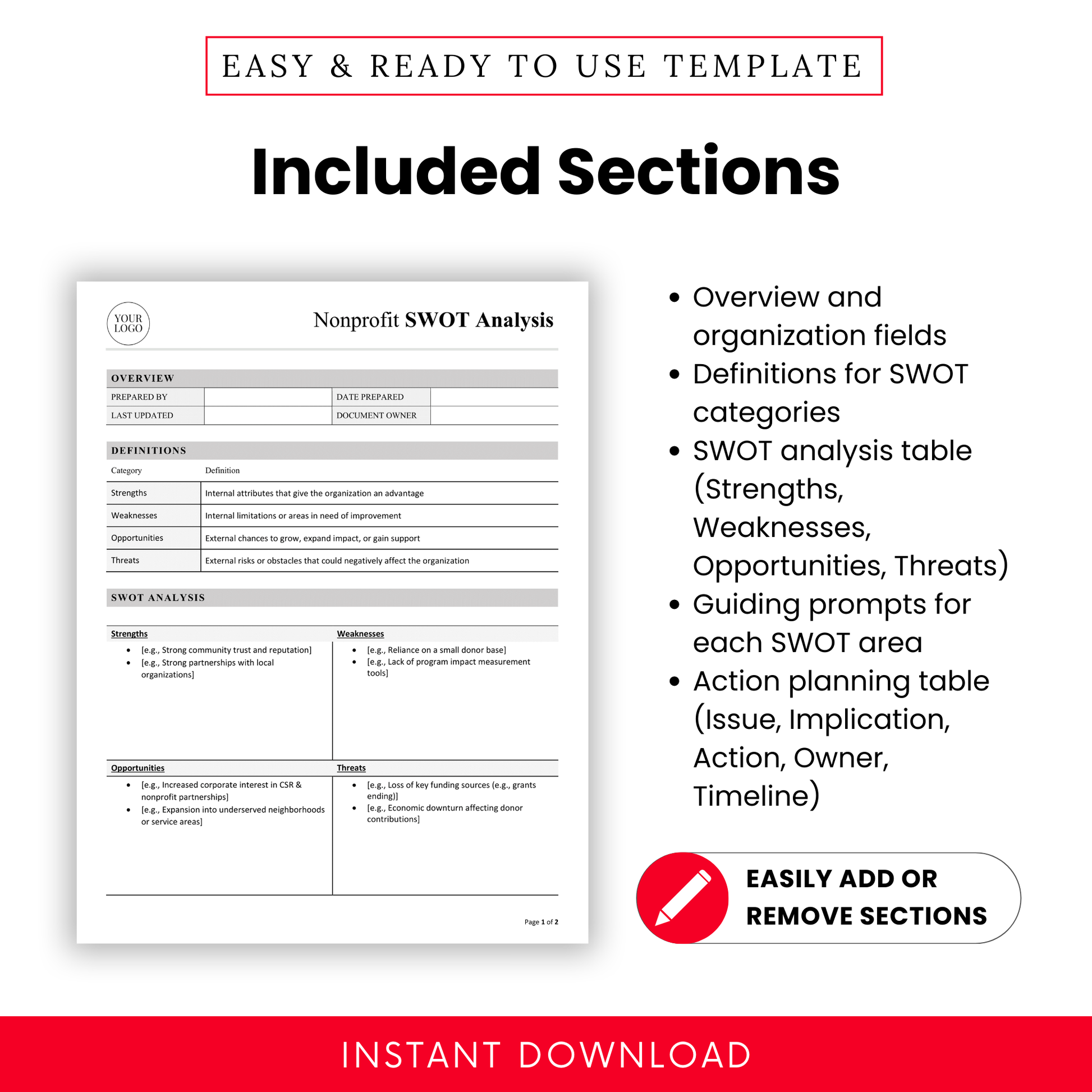 Detailed nonprofit SWOT analysis template sections including overview fields, SWOT definitions, analysis table, guided prompts, and action planning framework for nonprofits