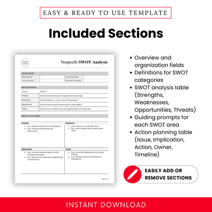 Detailed nonprofit SWOT analysis template sections including overview fields, SWOT definitions, analysis table, guided prompts, and action planning framework for nonprofits