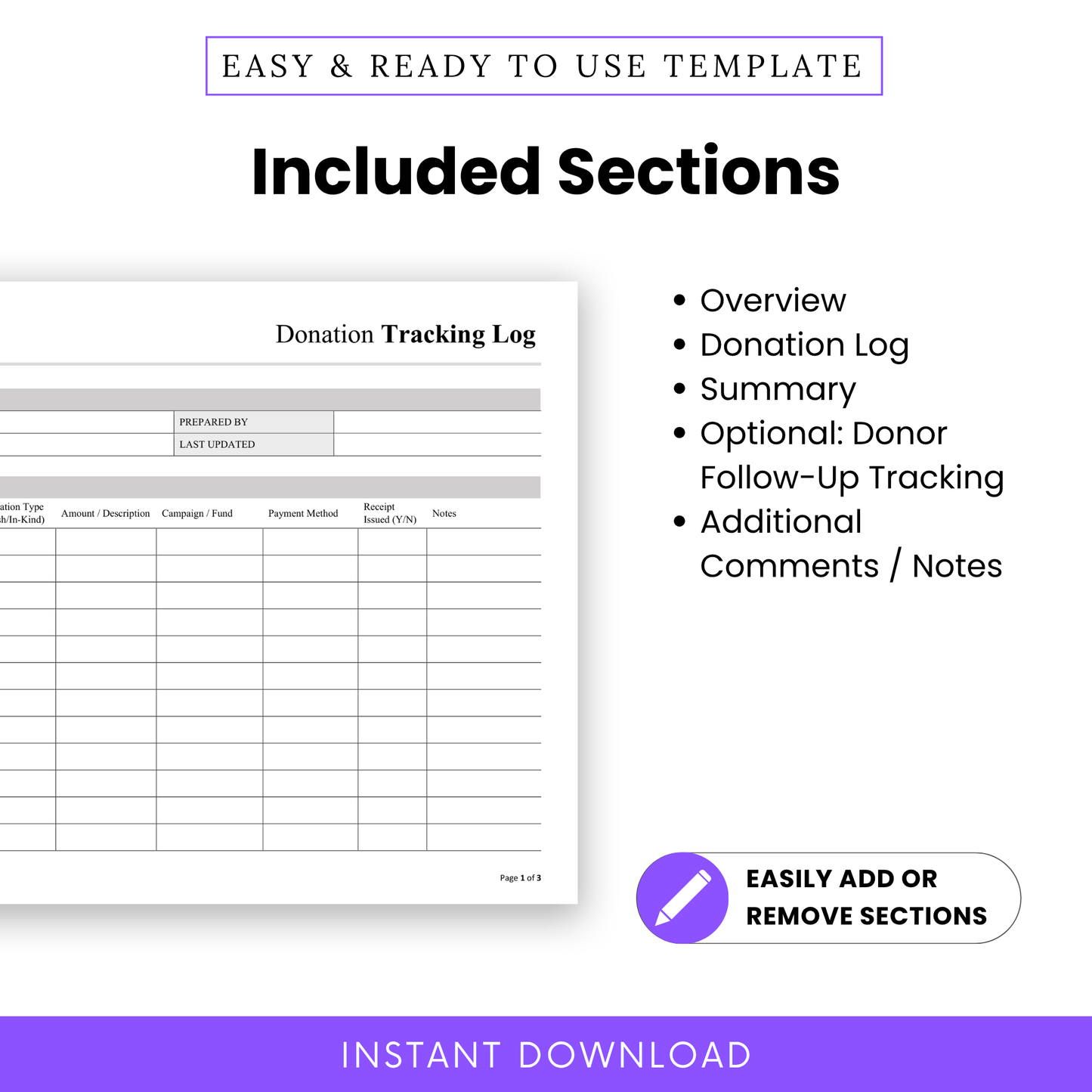 Donation Tracking Log Template PDF displaying included sections like overview, donation log, summary, and notes. This simple and professional nonprofit template helps users customize sections and efficiently track donations and donor activity.