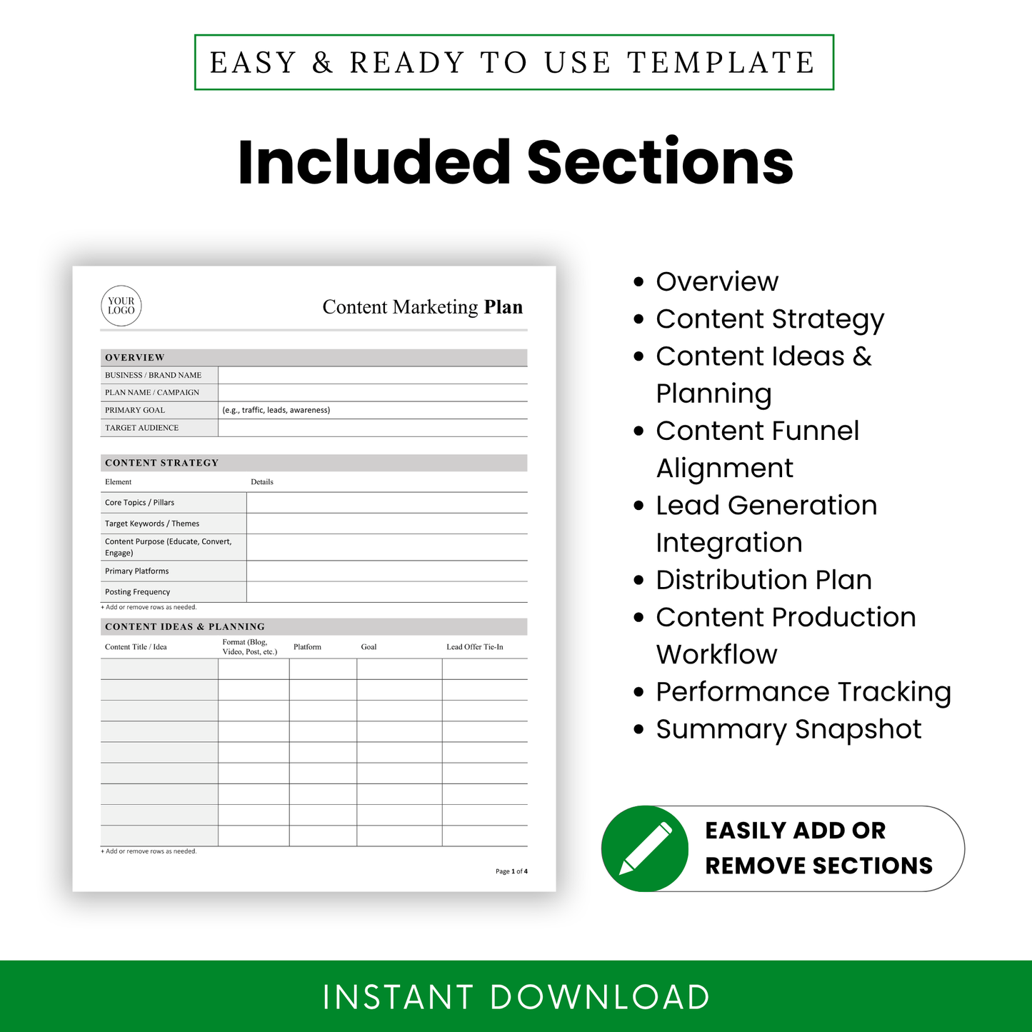 Content Marketing Plan Template showcasing included sections like content strategy, planning, and distribution. This simple Content Marketing Plan Template is designed for marketers and teams needing an organized, editable business template.