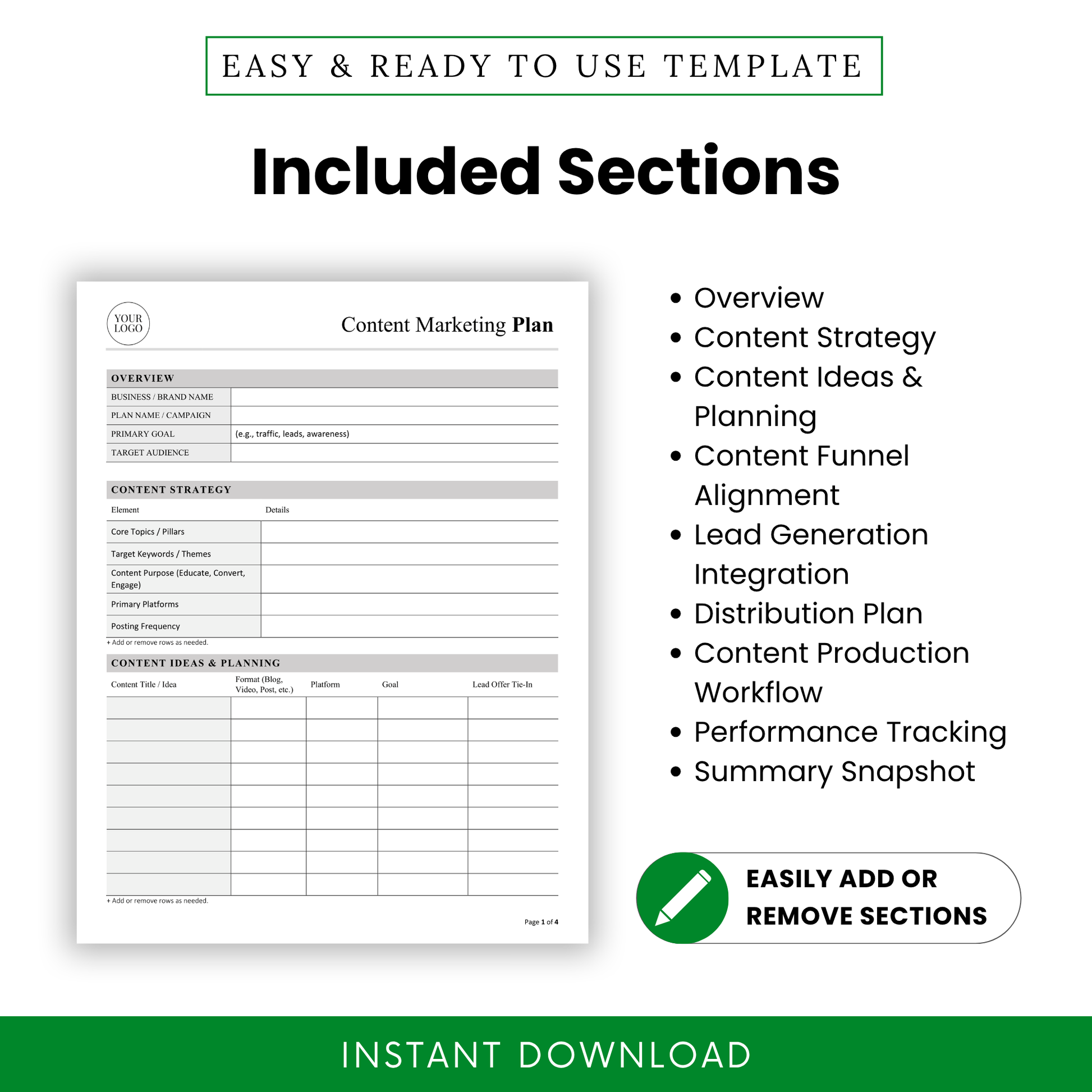 Content Marketing Plan Template showcasing included sections like content strategy, planning, and distribution. This simple Content Marketing Plan Template is designed for marketers and teams needing an organized, editable business template.
