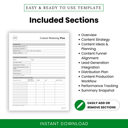 Content Marketing Plan Template showcasing included sections like content strategy, planning, and distribution. This simple Content Marketing Plan Template is designed for marketers and teams needing an organized, editable business template.