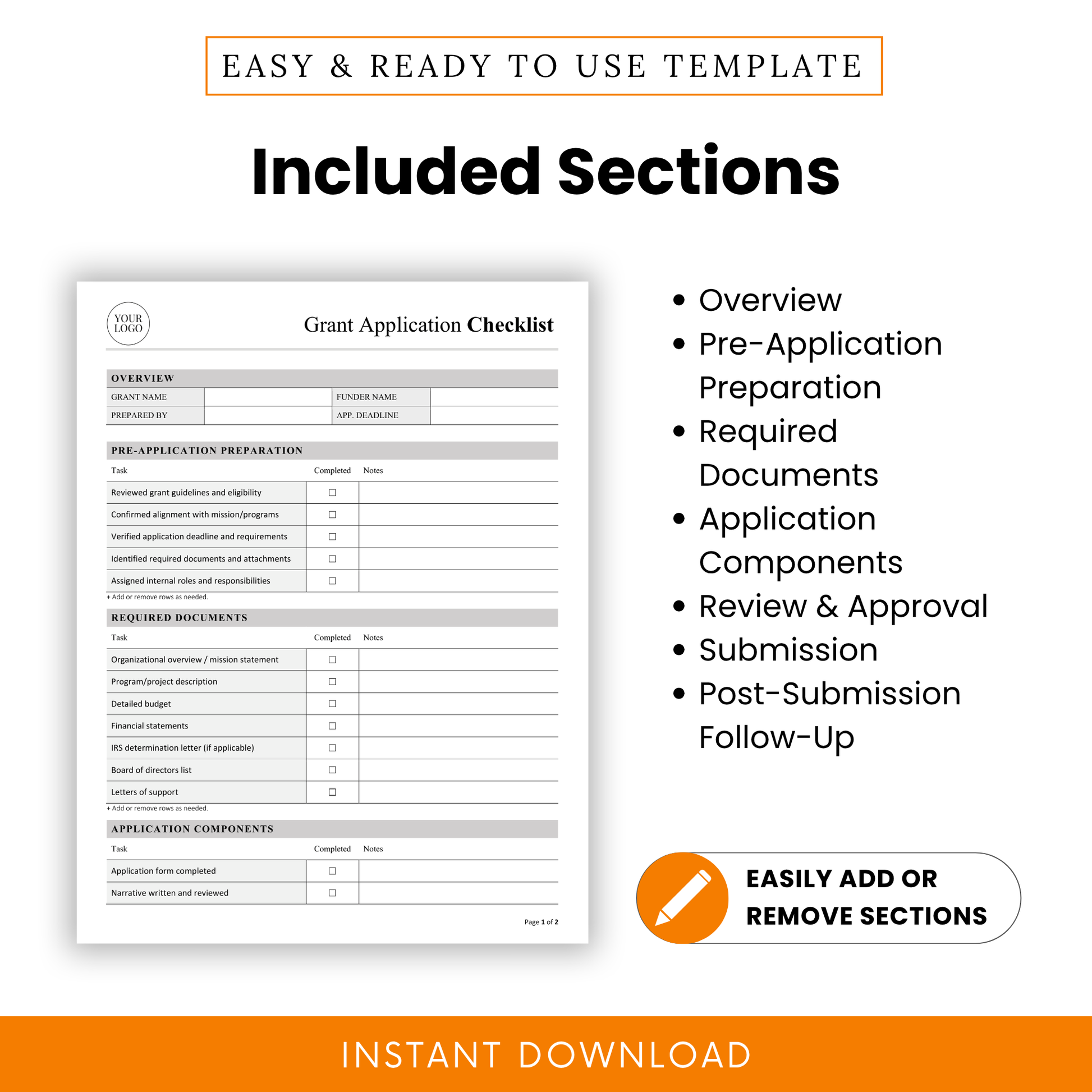 Grant Application Checklist Template showcasing sections like Overview, Required Documents, and Submission for a complete grant workflow. This simple and editable Grant Application Checklist Template is designed for nonprofits and grant writers to easily customize and organize funding applications.