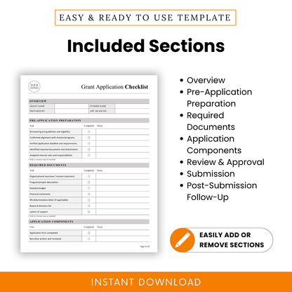 Grant Application Checklist Template showcasing sections like Overview, Required Documents, and Submission for a complete grant workflow. This simple and editable Grant Application Checklist Template is designed for nonprofits and grant writers to easily customize and organize funding applications.