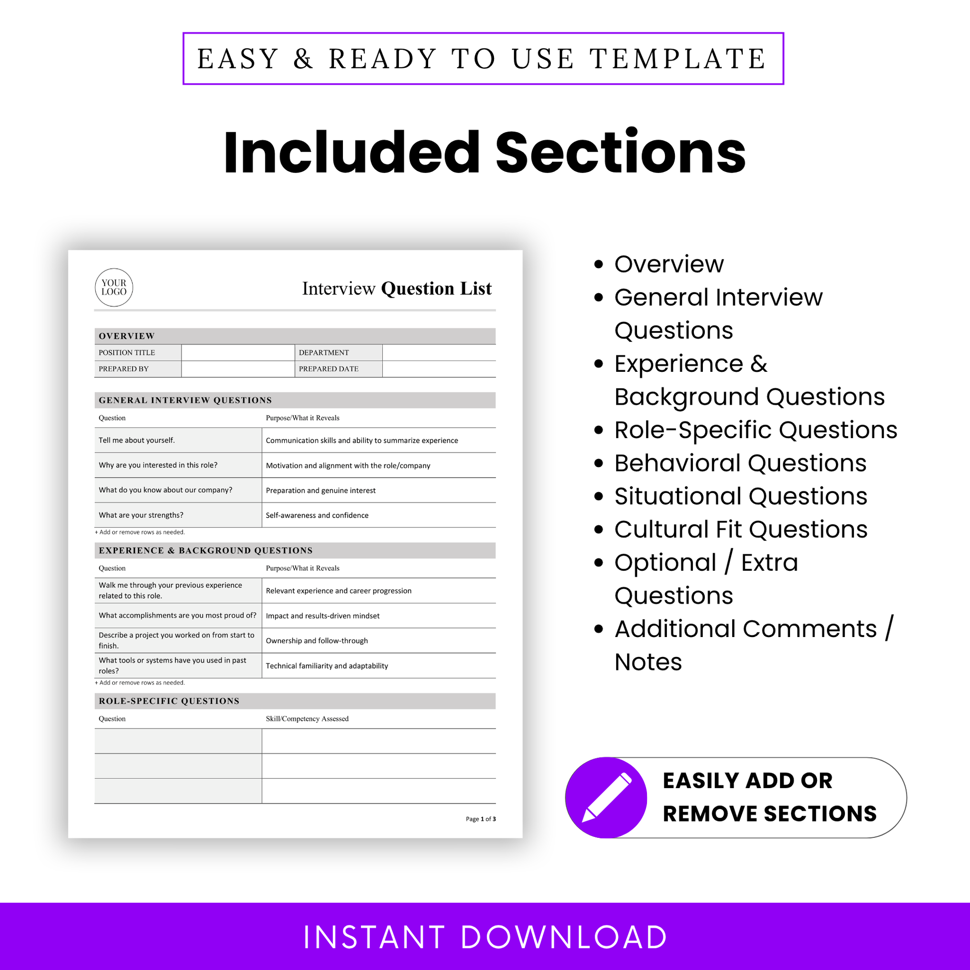 Interview template sections list showing overview, general questions, experience, role-specific, behavioral and cultural fit sections, HR document structure guide