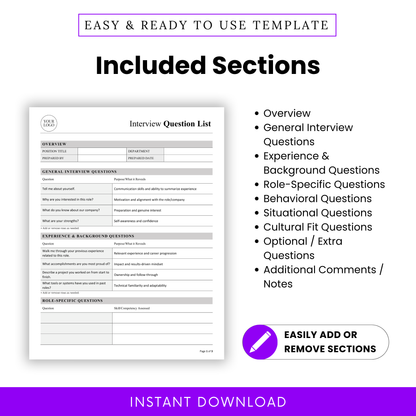 Interview template sections list showing overview, general questions, experience, role-specific, behavioral and cultural fit sections, HR document structure guide