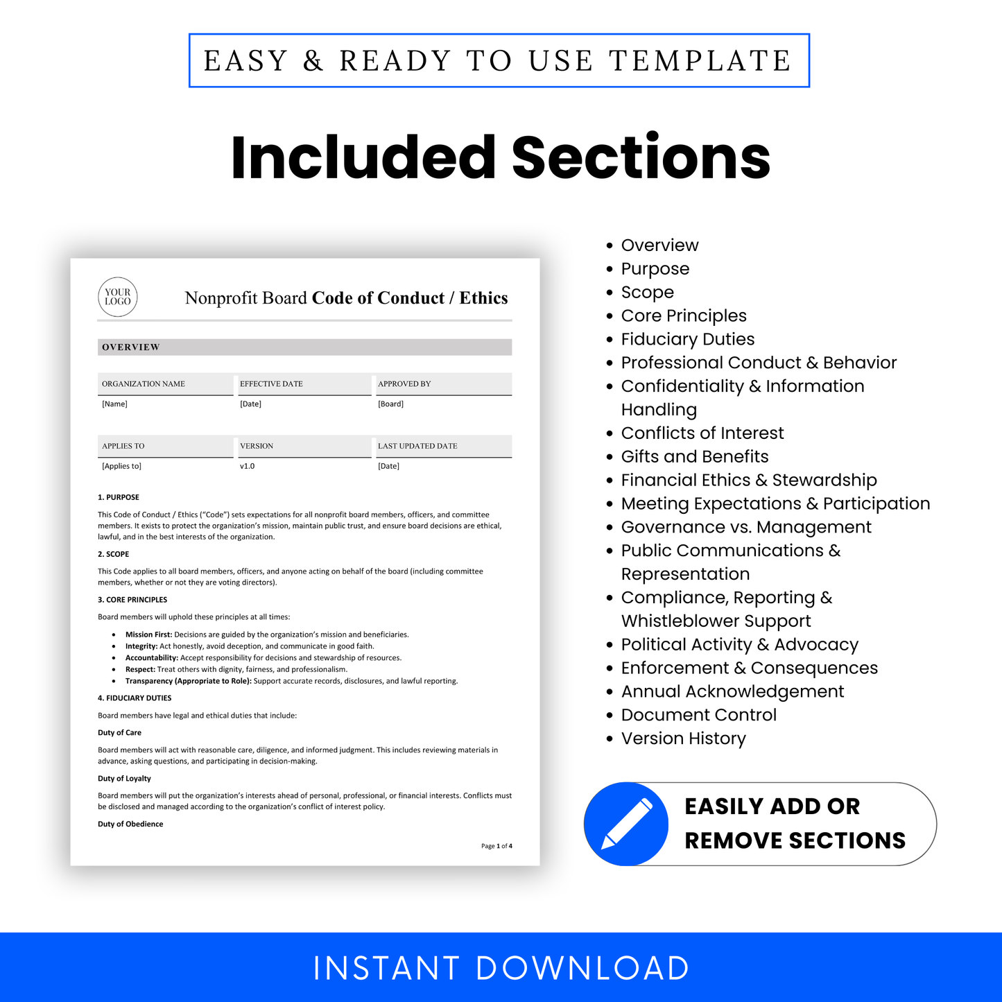 Nonprofit board code of conduct policy template with included sections on a white background